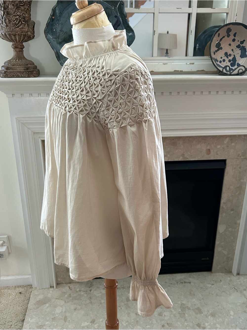 Merlette Majorelle Cream Smocked Yoke Blouse with a Elegant Ruffle Neck - Picture 7 of 12